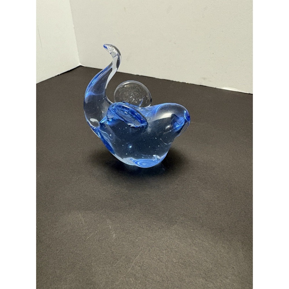 Hand Blown Baby Blue Art Glass Elephant with Ears and Trunk Up Lucky